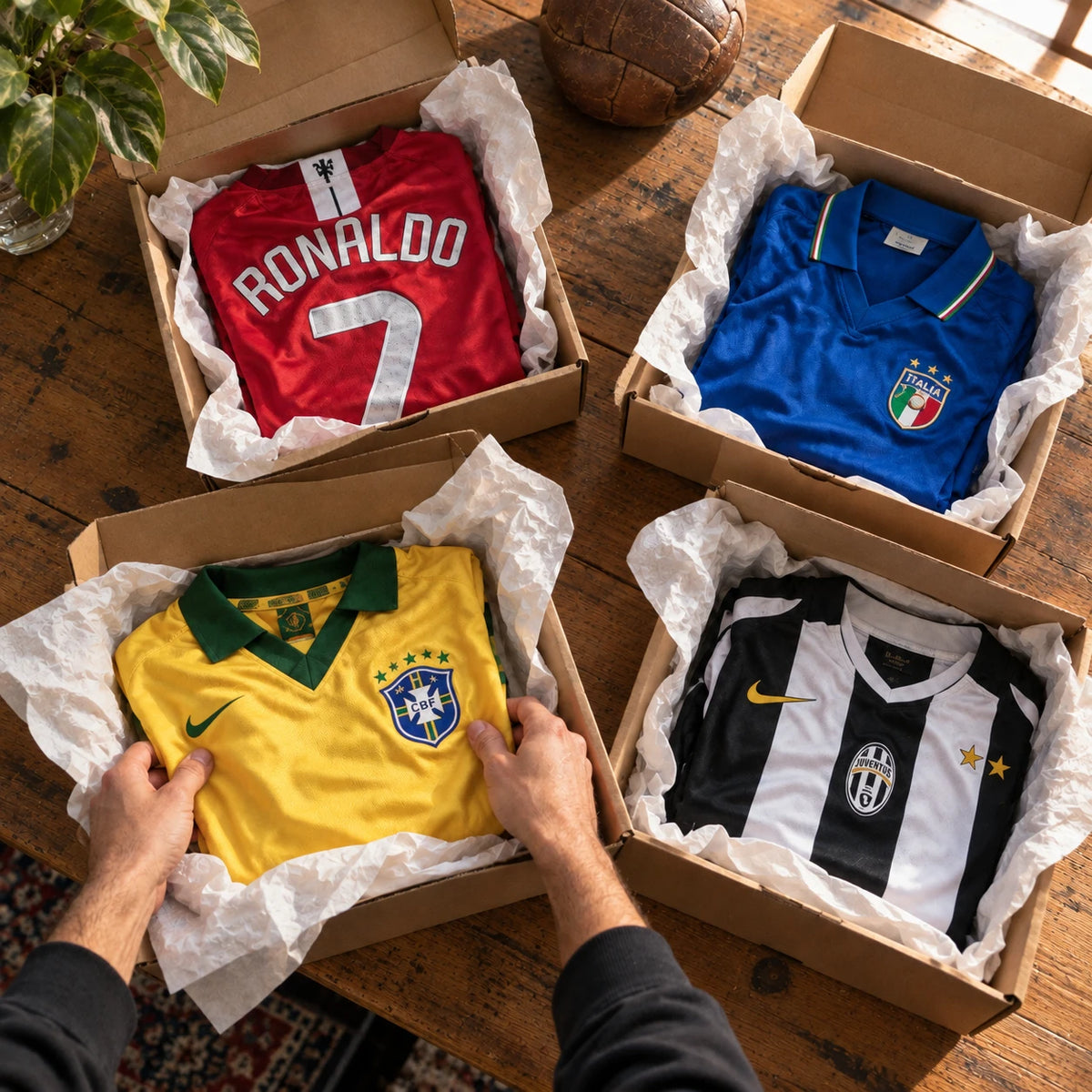 Pack de 4 Mystery Boxes abiertas con jerseys de futbol retro